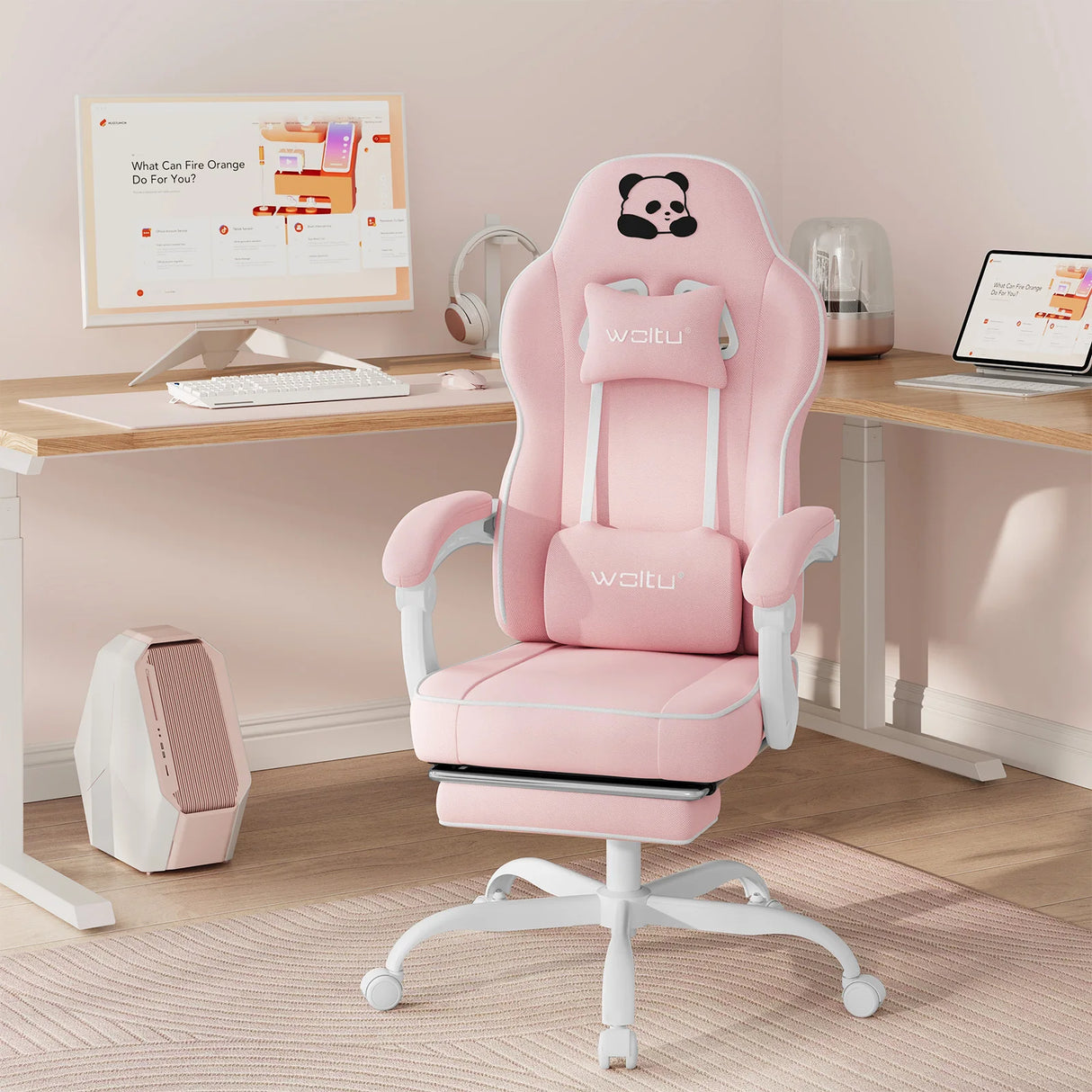 Ergonomische BukkitBow gamestoel met brede zitting en voetensteun, ideaal voor comfortabel gamen en langdurig zitten.