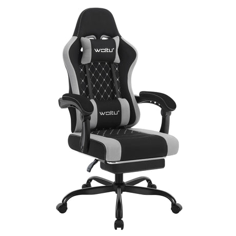 BukkitBow gamestoel met ergonomisch ontwerp, massagefunctie, voetsteun en mesh-stof voor comfortabel gamen.