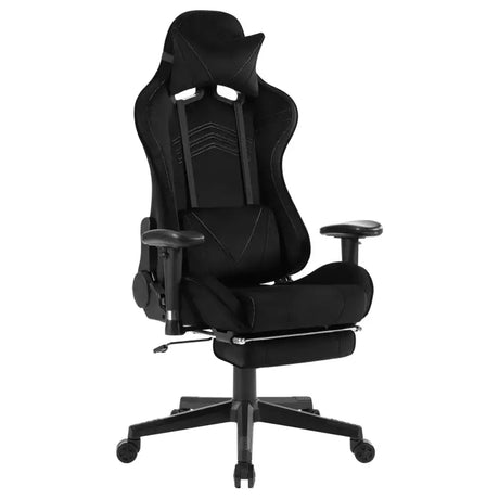 BukkitBow ergonomische gamestoel met velvet of lederen bekleding, rugkussen en benenondersteuning, hoogte 43-51 cm.