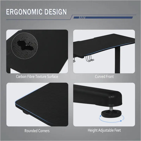 BukkitBow ergonomisch gaming bureau met bekerhouder en koptelefoonhaak, afmeting 115x60cm, zwart en geschikt voor gamers