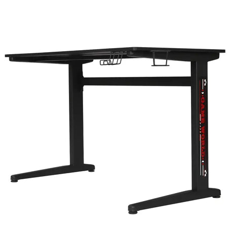 BukkitBow ergonomisch gaming bureau met bekerhouder en koptelefoonhaak, afmetingen 115x60cm, zwart en modern design