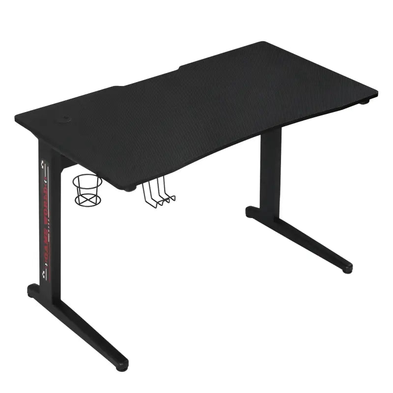 Ergonomisch BukkitBow gaming bureau met bekerhouder en koptelefoonhaak, 115x60cm, zwart, geschikt voor gamers en werkplezier.