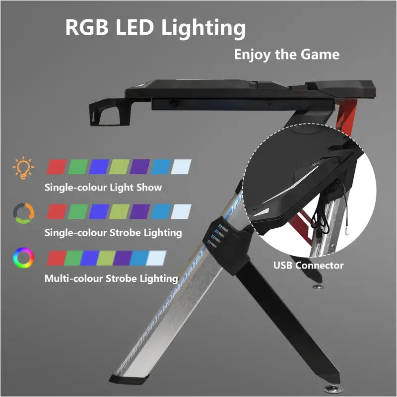 BukkitBow gaming bureau met bekerhouder, headset standaard en RGB-verlichting, afmetingen 116,5x56,5x73 cm, zwart design