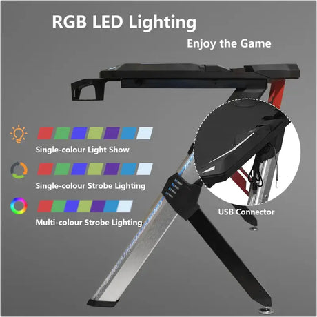 BukkitBow gaming bureau met bekerhouder, headset standaard en RGB-verlichting, afmetingen 116,5x56,5x73 cm, zwart design