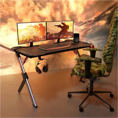BukkitBow gaming bureau met bekerhouder, headsetstand en RGB-verlichting, afmetingen 116,5x56,5x73 cm, zwart en modern ontwerp