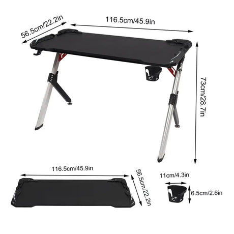 BukkitBow gaming bureau met bekerhouder, headsetstand en RGB-verlichting, zwart, afmetingen 116,5x56,5x73 cm, voor gamelaptops en accessoires.
