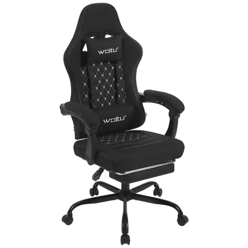 BukkitBow gaming stoel met massagekussen, voetsteun, verstelbare rugleuning en hoogte, metalen frame, technologische stof en PU wielen