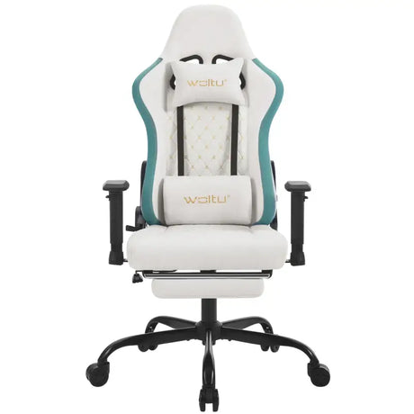 BukkitBow gamestoel met massagekussen, metalen frame, technische stof, PU-wielen, 90°-155° kantelbaar, verstelbare hoogte en diepte