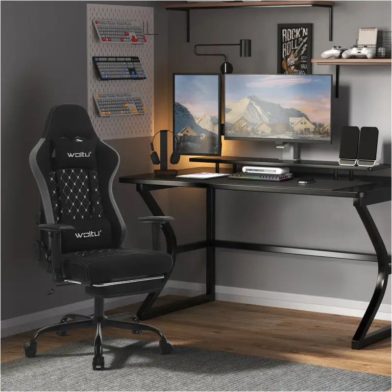 BukkitBow gaming stoel met massagekussen, metalen frame, technische stof, PU-wielen, kantelbaar 90-155°, verstelbare hoogte en diepte
