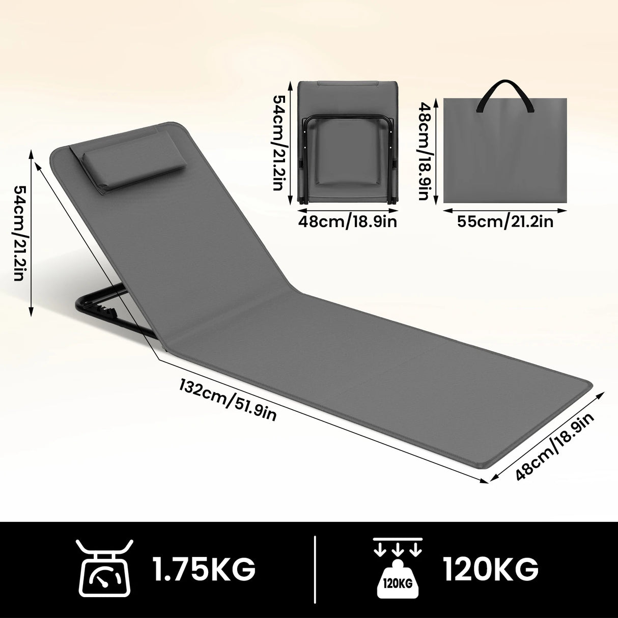 Gevoerde BukkitBow strandmat met verstelbare rugleuning en hoofdkussen, ideaal voor comfortabel ontspannen op het strand.