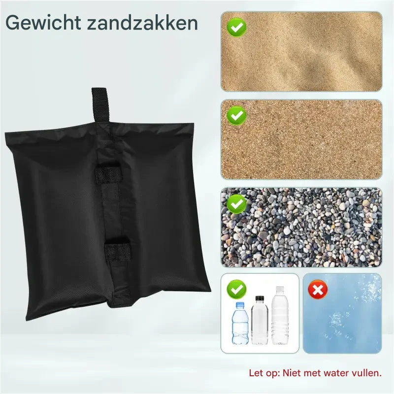 Set van 4 zwarte zandzakken voor partytent, parasol en tuinmeubilair, 37x34 cm, van BukkitBow, voor extra stabiliteit.