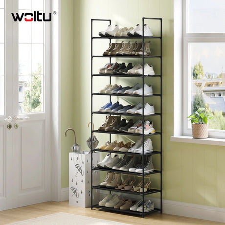 Zwart metalen schoenenrek van BukkitBow, groot, stapelbaar en flexibel, geschikt voor het organiseren van schoenen.
