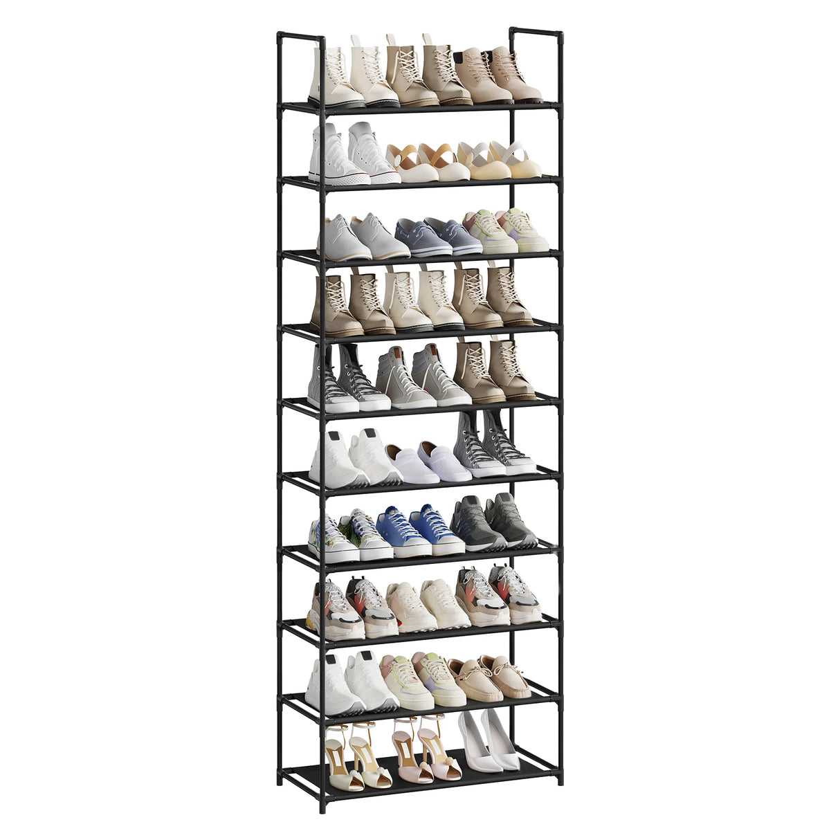 Groot zwart metalen schoenenrek van BukkitBow, stapelbaar en flexibel voor het organiseren van schoenen.