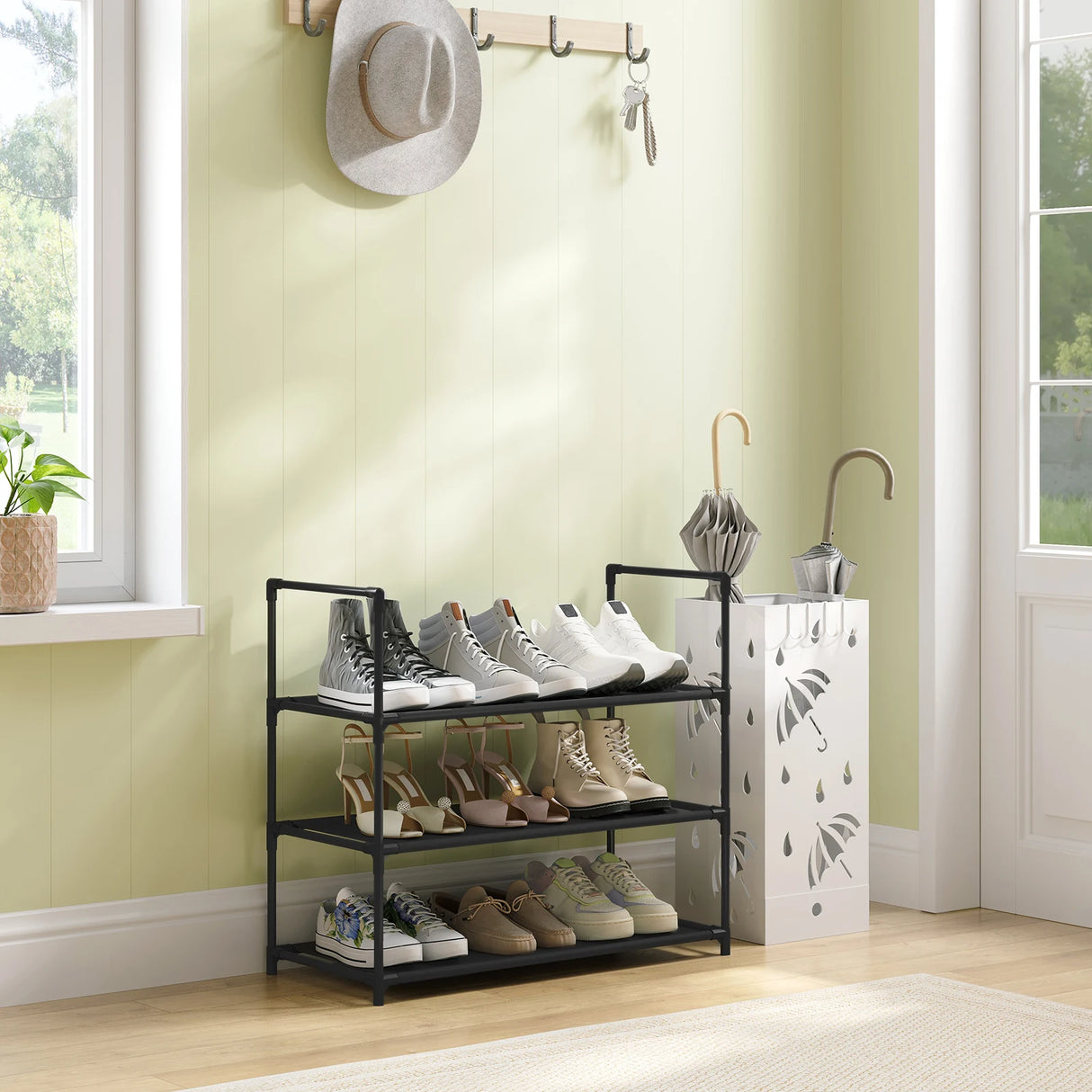 BukkitBow groot metalen schoenenrek zwart, stapelbaar en flexibel voor nette schoenenopslag in de gang of kast.