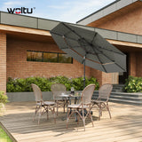 Grote ronde BukkitBow parasol met slinger en kantelfunctie, 292cm diameter, voor schaduw en comfort buiten.