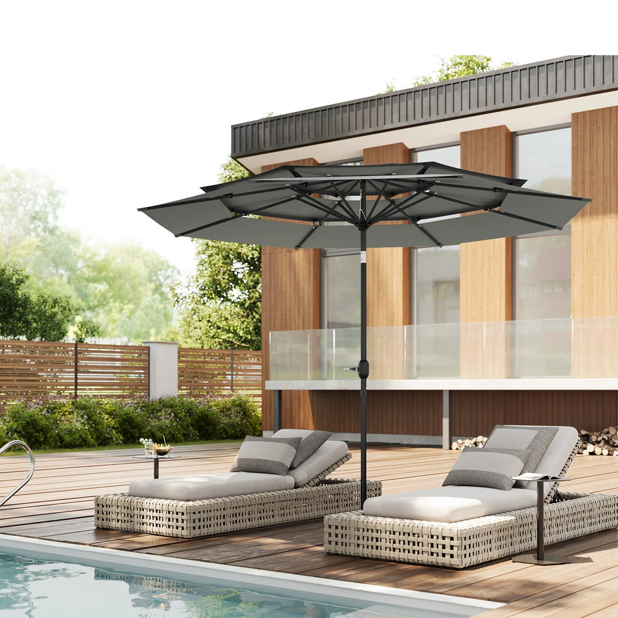 Grote ronde BukkitBow parasol met slinger en kantelfunctie, 292 cm, buitenparasol voor schaduw en bescherming in de tuin