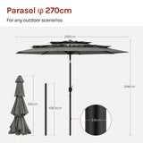 Grote ronde BukkitBow parasol met slinger en kantelfunctie, 292 cm, met sierlijke details en stevige structuur voor buitengebruik.
