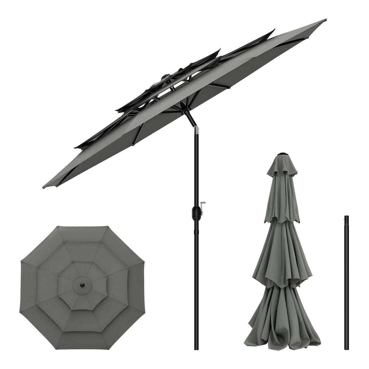 Grote ronde BukkitBow parasol van 292cm met slinger en kantelfunctie, voor schaduw en bescherming in de tuin