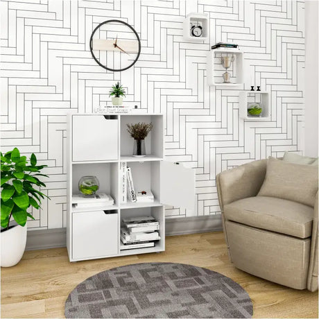 BukkitBow hoekboekenkast met 6 kubussen en deuren, compact formaat 59,7x29,7x91 cm, zwart houten boekenkast voor woonkamer