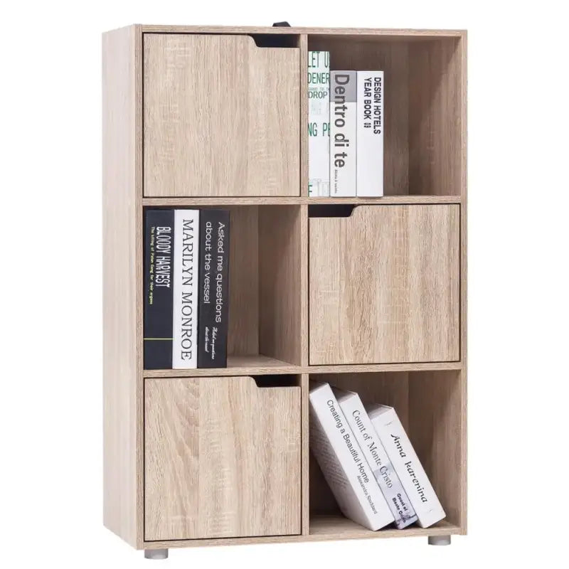 BukkitBow hoekboekenkast met 6 kubussen en deuren, compacte boekenkast in formaat 59,7x29,7x91 cm in natuurlijke kleur