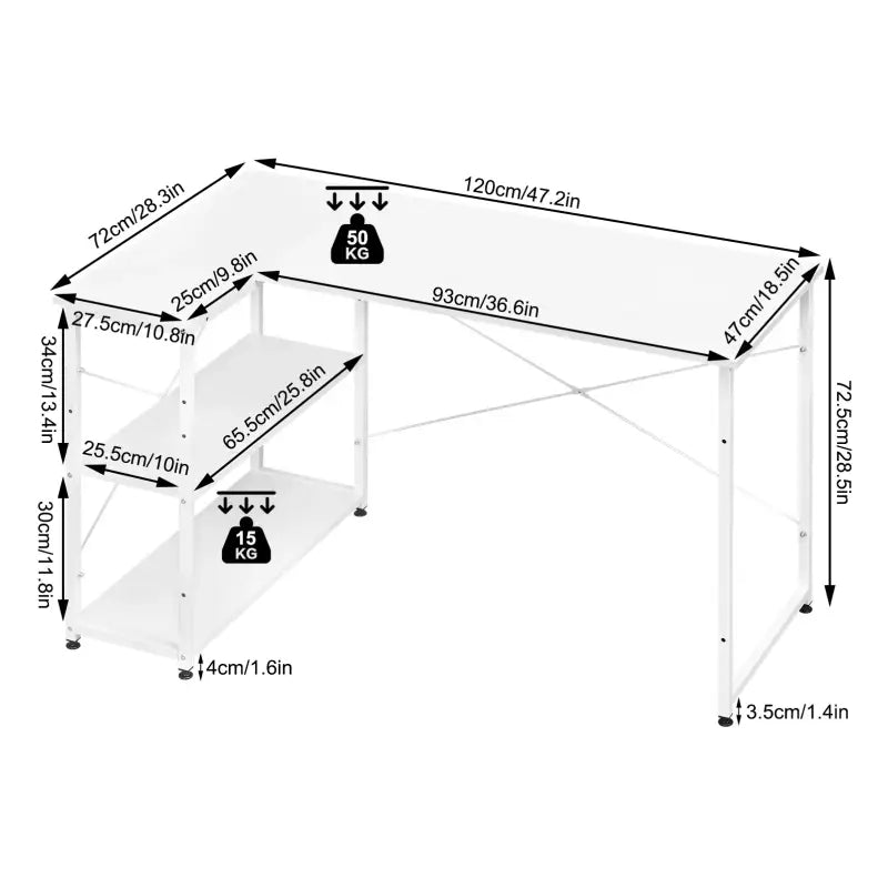 BukkitBow hoekbureau met opbergruimte, metalen frame, geschikt voor computer en kantoor, afmetingen 120x72 cm.