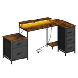 BukkitBow hoekbureau gaming bureau met RGB LED-verlichting, 5 laden, stopcontact en USB-poorten, zwart met houten afwerking