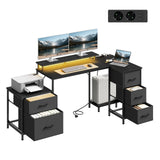 BukkitBow hoekbureau gaming bureau met RGB LED-verlichting, 5 laden, stopcontact en USB-poort, geschikt voor gamen en werk.