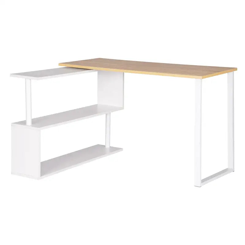 BukkitBow hoekbureau van hout met dubbele planken, draaibaar op 180 graden, ideaal voor thuistudie en opbergruimte.