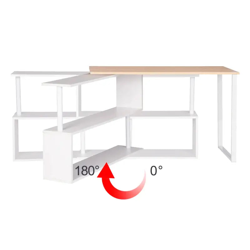 BukkitBow hoekbureau van hout met dubbele planken en draaibare opbergruimte, ideaal voor thuistudie.