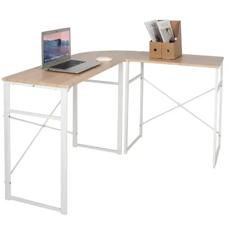 BukkitBow hoekbureau met ronde bocht, stevig hout en wit stalen frame, afmetingen 83x40cm en 63x40cm, modern kantoormeubilair.