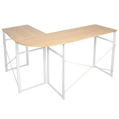 BukkitBow hoekbureau met ronde bocht, stevig hout en wit stalen frame, afmetingen 83x40cm en 63x40cm, geschikt als bureau.