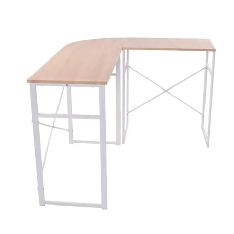 BukkitBow hoekbureau met ronde bocht, stevig hout en wit stalen frame, afmetingen 83x40cm en 63x40cm, modern en functioneel.
