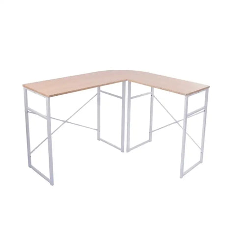 BukkitBow hoekbureau met ronde bocht, stevig hout en wit stalen frame, 83x40cm en 63x40cm, geschikt als werkplek of studeertafel