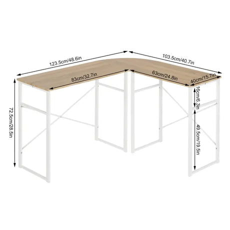 BukkitBow hoekbureau met ronde bocht, stevig hout en wit stalen frame, afmetingen 83x40cm en 63x40cm.