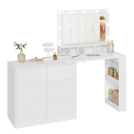 BukkitBow hoekkaptafel met 6 laden en LED-spiegel, flexibele opstelling, moderne kaptafel voor make-up en beautyroutines