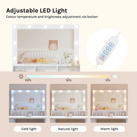 BukkitBow hoekkaptafel met 6 laden en LED-spiegel, flexibele opstelling, houten afwerking en modern design