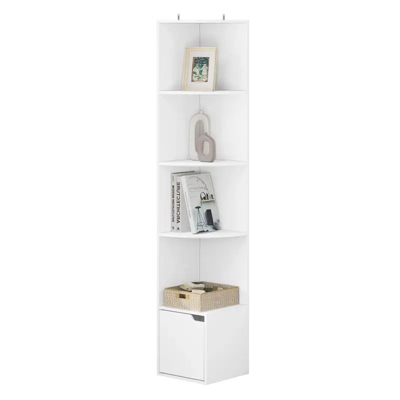 Witte hoekboekenkast van BukkitBow met deurtje en 5 niveaus, gemaakt van duurzaam hout, geschikt voor hoekruimte.