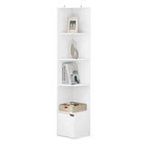 Witte hoekboekenkast van BukkitBow met deurtje en 5 niveaus, gemaakt van duurzaam hout, geschikt voor hoekruimte.