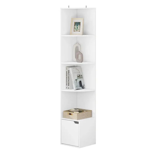 Witte hoekboekenkast van BukkitBow met deurtje en 5 niveaus, gemaakt van duurzaam hout, geschikt voor hoekruimte.