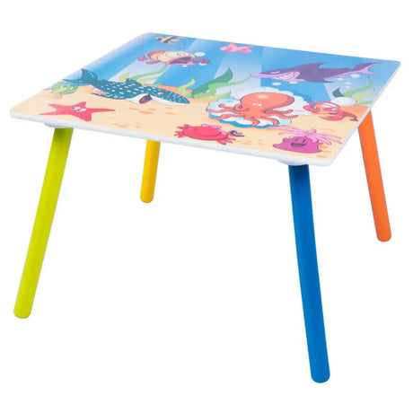 Houten kindertafel van BukkitBow met visprint, inclusief 2 stoelen, 60x60cm, geschikt voor kinderen.