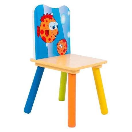 Houten kindertafel en kinderbureau van BukkitBow met visprint en 2 bijpassende stoelen, afmetingen 60x60cm.
