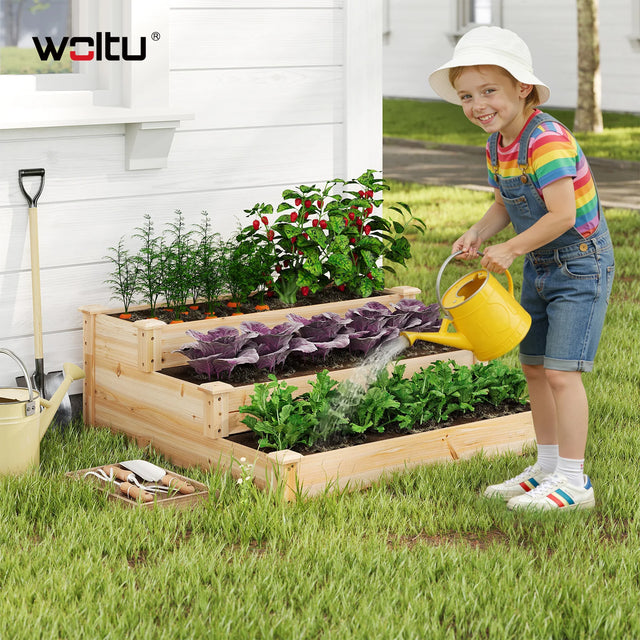 Houten moestuinbak van BukkitBow met 3 niveaus, trapmodel voor buiten, geschikt voor het kweken van groenten en kruiden.