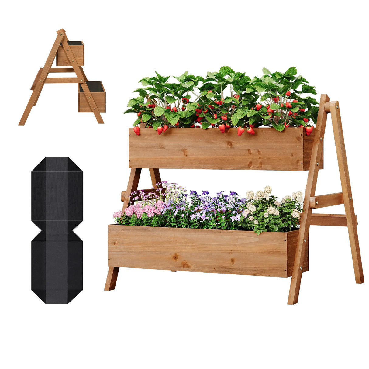 Houten plantenbak van BukkitBow met meerdere niveaus en trappen voor moestuin of decoratie, geschikt voor tuin of terras