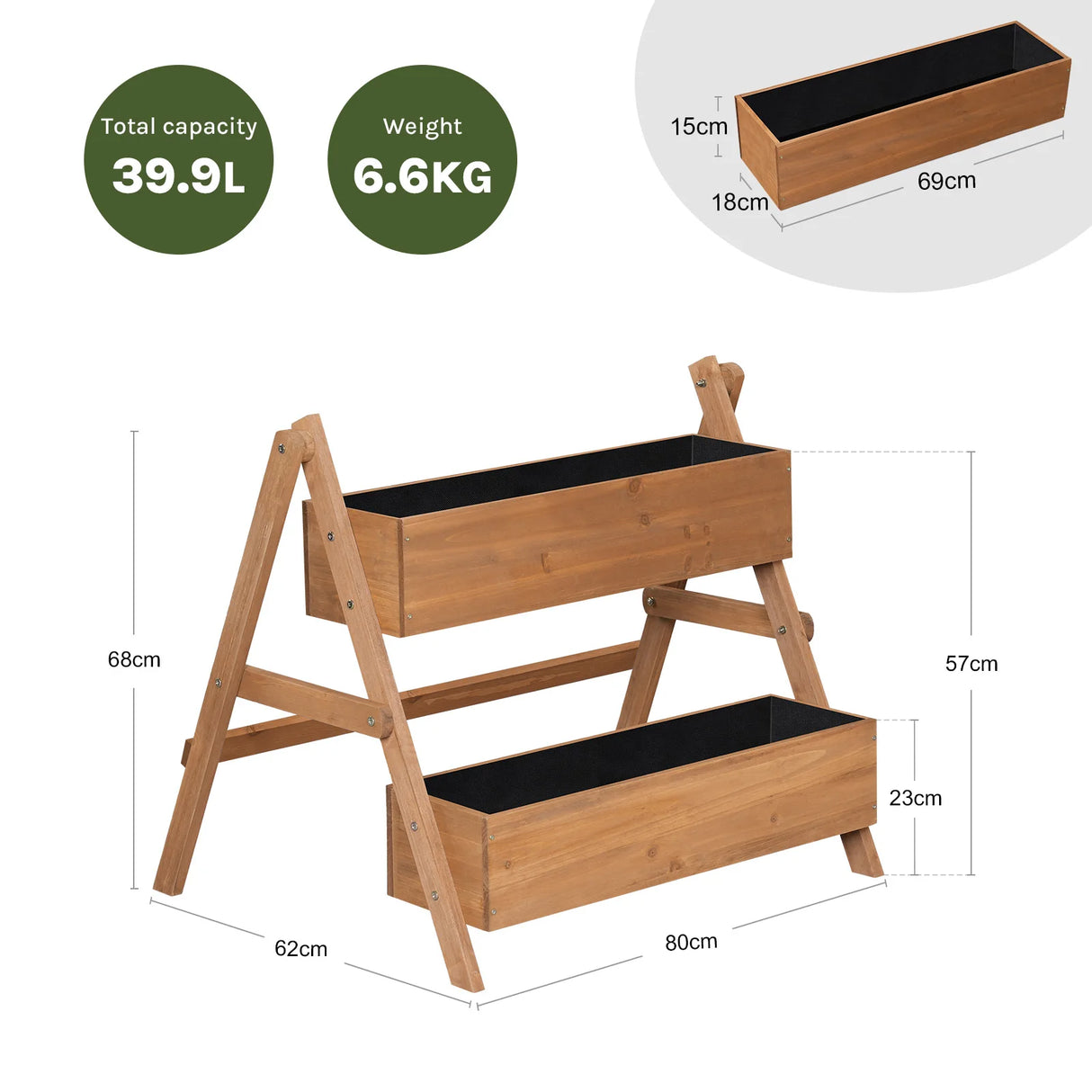 Houten plantenbak van BukkitBow met meerdere niveaus, trappen en moestuinruimte voor tuinplanten en bloemen.