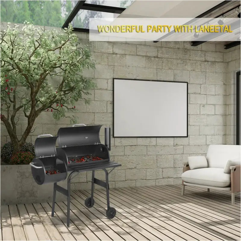 BukkitBow houtskoolbarbecue van staal met 3 grillroosters, uitlaat en afmetingen 115x53x114 cm, geschikt voor buiten grillen.