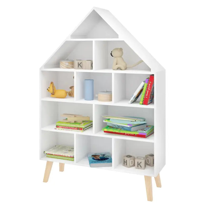 Huisvormige kinderboekenkast van BukkitBow in sterk grenenhout met 11 vakken, afmetingen 80x116x24cm.