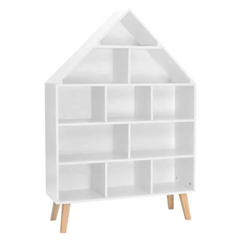 Huisvormige kinderboekenkast van BukkitBow in sterk grenenhout met 11 vakken, afmetingen 80x116x24cm, perfect voor kinderboekencollectie.