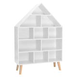 Huisvormige kinderboekenkast van BukkitBow in sterk grenenhout met 11 vakken, afmetingen 80x116x24cm, perfect voor kinderboekencollectie.