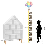 Huisvormige kinderboekenkast van BukkitBow in sterk grenenhout met 11 vakken, afmetingen 80x116x24cm, geschikt voor kinderboeken.