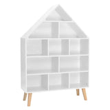 Huisvormige kinderboekenkast van BukkitBow in sterk grenenhout met 11 vakken, afmetingen 80x116x24cm, geschikt voor kinderboeken.